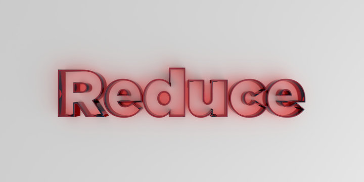 Reduce - Red glass text on white background - 3D rendered royalty free stock image.