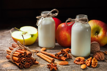 Healthy eating for weight loss: smoothie from red apples, banana, almonds and cinnamon, selective focus © lepatriote