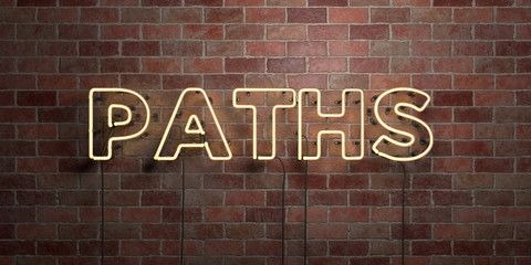 PATHS - fluorescent Neon tube Sign on brickwork - Front view - 3D rendered royalty free stock picture. Can be used for online banner ads and direct mailers..