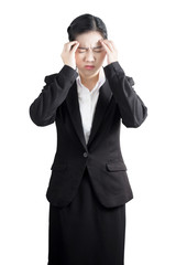 Headache symptom in a businesswoman isolated on white background. Clipping path on white background.
