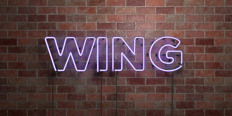 WING - fluorescent Neon tube Sign on brickwork - Front view - 3D rendered royalty free stock picture. Can be used for online banner ads and direct mailers..