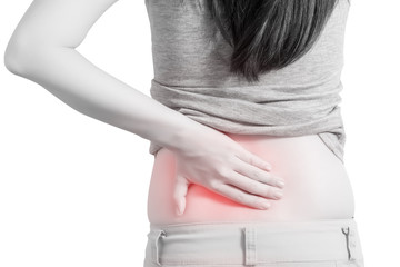 Backache or Painful waist in a woman isolated on white background. Clipping path on white background.