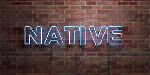 NATIVE - fluorescent Neon tube Sign on brickwork - Front view - 3D rendered royalty free stock picture. Can be used for online banner ads and direct mailers..