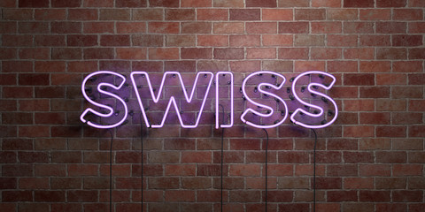 SWISS - fluorescent Neon tube Sign on brickwork - Front view - 3D rendered royalty free stock picture. Can be used for online banner ads and direct mailers..
