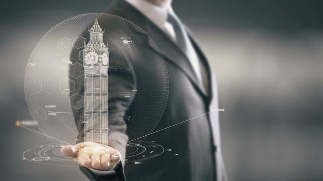 Big Ben London Businessman Holding in Hand Landmark New technologies
