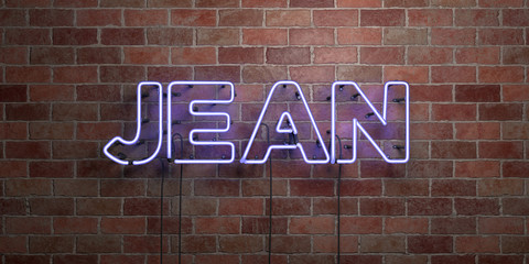 JEAN - fluorescent Neon tube Sign on brickwork - Front view - 3D rendered royalty free stock picture. Can be used for online banner ads and direct mailers..