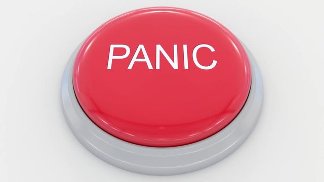 Pushing big red button with panic inscription. Conceptual 4K clip