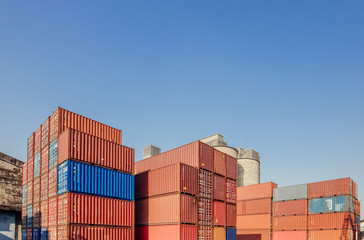 Business Logistics concept,Truck in container depot in import and export area at port,Container Cargo freight ship for Logistic Import Export 