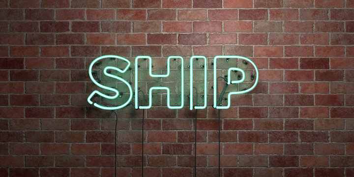 SHIP - fluorescent Neon tube Sign on brickwork - Front view - 3D rendered royalty free stock picture. Can be used for online banner ads and direct mailers..