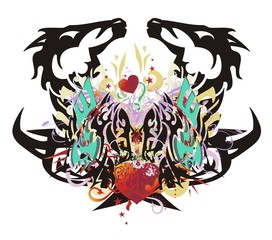 Fototapeta premium Grunge unusual eagle-horse symbol. Double imaginary animal symbol with red hearts with arrows, red asterisks, gold eagle wings and colorful floral twirled elements 