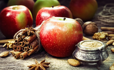 Fresh red and green apples, cinnamon sticks, ground cinnamon, anise stars, walnuts and hazelnuts on an old wooden background