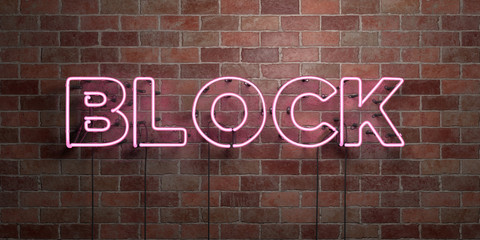 BLOCK - fluorescent Neon tube Sign on brickwork - Front view - 3D rendered royalty free stock picture. Can be used for online banner ads and direct mailers..