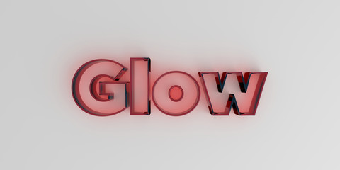 Glow - Red glass text on white background - 3D rendered royalty free stock image.