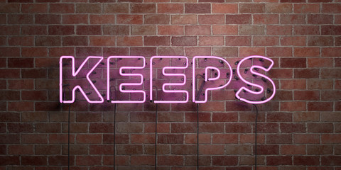 Fototapeta premium KEEPS - fluorescent Neon tube Sign on brickwork - Front view - 3D rendered royalty free stock picture. Can be used for online banner ads and direct mailers..