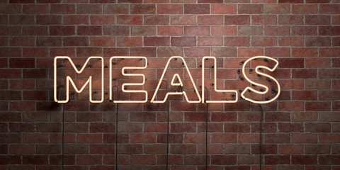 MEALS - fluorescent Neon tube Sign on brickwork - Front view - 3D rendered royalty free stock picture. Can be used for online banner ads and direct mailers..
