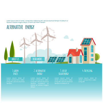 Eco urban landscape. Alternative energy. Solar, wind power. Web page concept