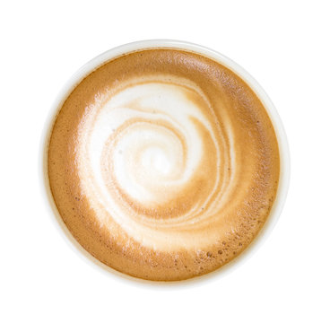 Top view of hot coffee cappuccino isolated on white background, clipping path inclued