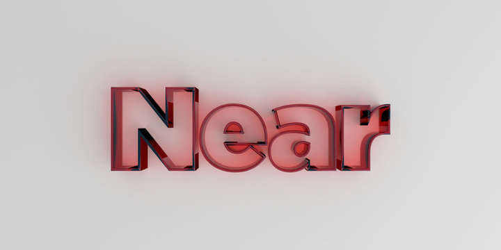 Near - Red glass text on white background - 3D rendered royalty free stock image.