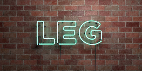 Fototapeta na wymiar LEG - fluorescent Neon tube Sign on brickwork - Front view - 3D rendered royalty free stock picture. Can be used for online banner ads and direct mailers..