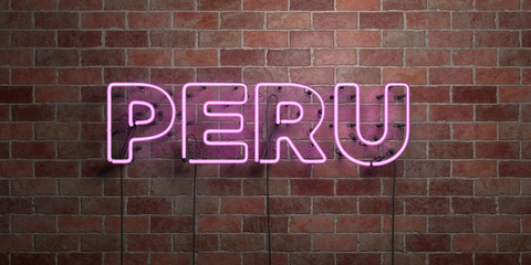PERU - fluorescent Neon tube Sign on brickwork - Front view - 3D rendered royalty free stock picture. Can be used for online banner ads and direct mailers..