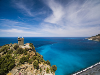 Aerial view of the beautiful village of Nonza, in Cap Corse, Corsica, France