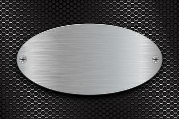 Fototapeta na wymiar Metal brushed oval plate on perforated steel background