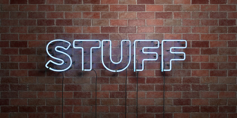 STUFF - fluorescent Neon tube Sign on brickwork - Front view - 3D rendered royalty free stock picture. Can be used for online banner ads and direct mailers..