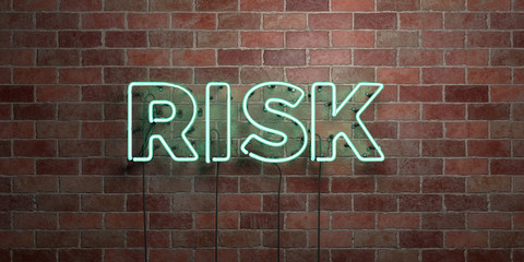 RISK - fluorescent Neon tube Sign on brickwork - Front view - 3D rendered royalty free stock picture. Can be used for online banner ads and direct mailers..