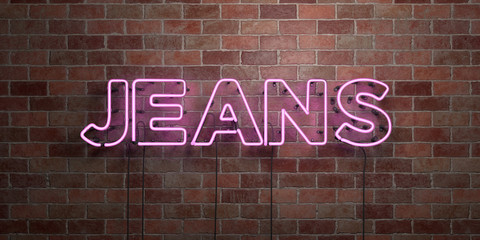 JEANS - fluorescent Neon tube Sign on brickwork - Front view - 3D rendered royalty free stock picture. Can be used for online banner ads and direct mailers..