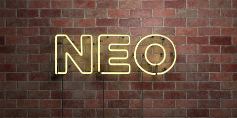NEO - fluorescent Neon tube Sign on brickwork - Front view - 3D rendered royalty free stock picture. Can be used for online banner ads and direct mailers..