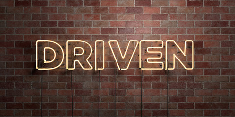 DRIVEN - fluorescent Neon tube Sign on brickwork - Front view - 3D rendered royalty free stock picture. Can be used for online banner ads and direct mailers..