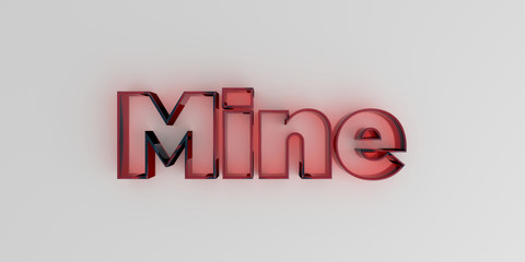 Mine - Red glass text on white background - 3D rendered royalty free stock image.