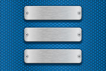 Metal brushed plates on blue perforated background