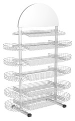 Metal mesh rack with shelves for retail outlets. 3d image. Isolated on white.