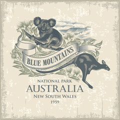 Коала, Кенгуру, национальный парк Голубые Горы, Австралия, имитация гравюры, винтаж, иллюстрация, вектор