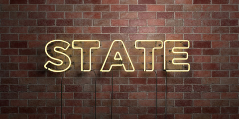 STATE - fluorescent Neon tube Sign on brickwork - Front view - 3D rendered royalty free stock picture. Can be used for online banner ads and direct mailers..