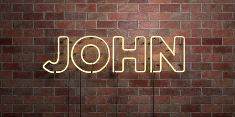 JOHN - fluorescent Neon tube Sign on brickwork - Front view - 3D rendered royalty free stock picture. Can be used for online banner ads and direct mailers..