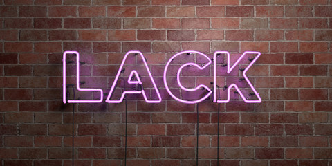 LACK - fluorescent Neon tube Sign on brickwork - Front view - 3D rendered royalty free stock picture. Can be used for online banner ads and direct mailers..