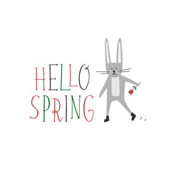 Hello spring hand drawn vector illustration with lettering phrase and rabbit with flower. Card, poster, banner template. Isolated on white background