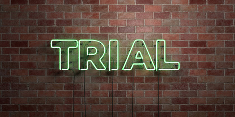 TRIAL - fluorescent Neon tube Sign on brickwork - Front view - 3D rendered royalty free stock picture. Can be used for online banner ads and direct mailers..