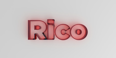 Rico - Red glass text on white background - 3D rendered royalty free stock image.