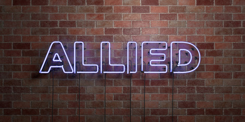 ALLIED - fluorescent Neon tube Sign on brickwork - Front view - 3D rendered royalty free stock picture. Can be used for online banner ads and direct mailers..