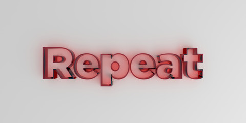 Repeat - Red glass text on white background - 3D rendered royalty free stock image.