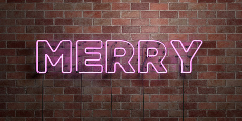 MERRY - fluorescent Neon tube Sign on brickwork - Front view - 3D rendered royalty free stock picture. Can be used for online banner ads and direct mailers..