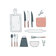 Cookware, kitchenware, cutlery set. Wooden cutting board, knife, whisk, bowl, grater, pot holder, rolling pin, fork, spoon collection. Hand drawn kitchen utensils. Vector illustration. Isolated - 137943068