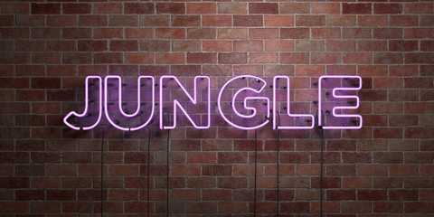 JUNGLE - fluorescent Neon tube Sign on brickwork - Front view - 3D rendered royalty free stock picture. Can be used for online banner ads and direct mailers..