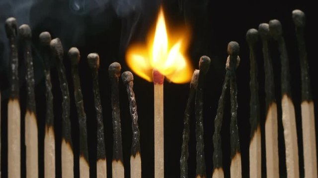 SLOW MOTION: Flash of single matchstick between row of burned matchsticks