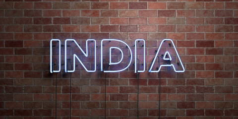 INDIA - fluorescent Neon tube Sign on brickwork - Front view - 3D rendered royalty free stock picture. Can be used for online banner ads and direct mailers..