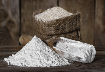 Rice Flour on vintage wooden background