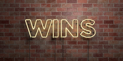WINS - fluorescent Neon tube Sign on brickwork - Front view - 3D rendered royalty free stock picture. Can be used for online banner ads and direct mailers..